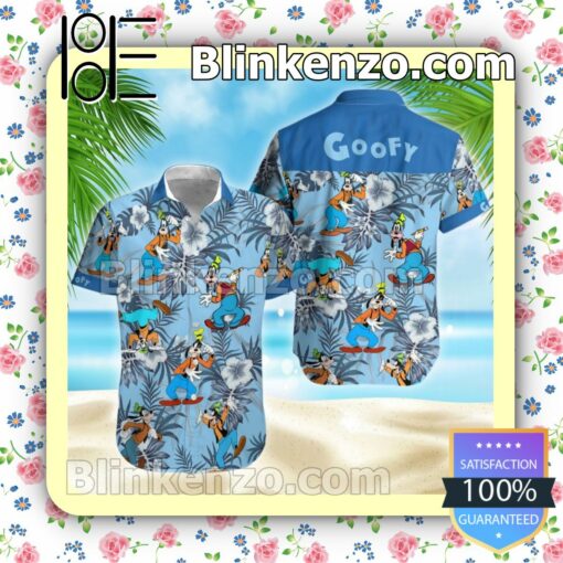 Goofy Dog Disney Cartoon Graphics Blue Hibicus Blue Summer Hawaiian Shirt, Mens Shorts
