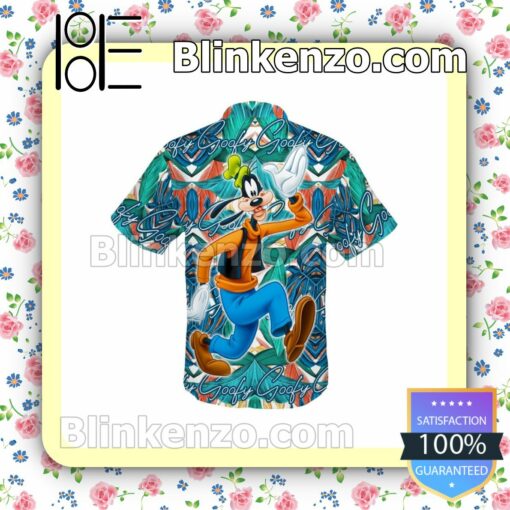 Goofy Dog Disney Cartoon Graphics Leaves Pattern Summer Hawaiian Shirt, Mens Shorts a