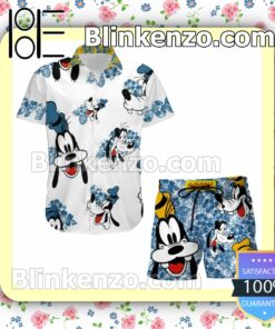 Goofy Dog Hibicus Disney Cartoon Graphics White Blue Summer Hawaiian Shirt, Mens Shorts