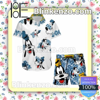 Goofy Dog Hibicus Disney Cartoon Graphics White Blue Summer Hawaiian Shirt, Mens Shorts