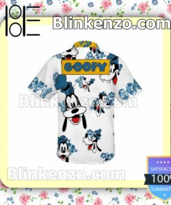 Goofy Dog Hibicus Disney Cartoon Graphics White Blue Summer Hawaiian Shirt, Mens Shorts a