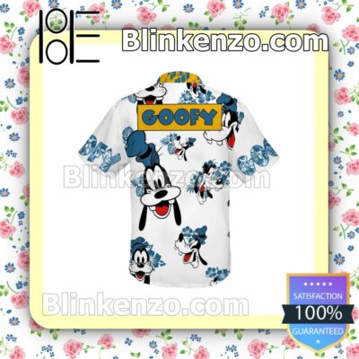 Goofy Dog Hibicus Disney Cartoon Graphics White Blue Summer Hawaiian Shirt, Mens Shorts a