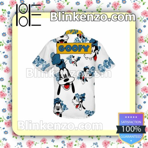 Goofy Dog Hibicus Disney Cartoon Graphics White Blue Summer Hawaiian Shirt, Mens Shorts a