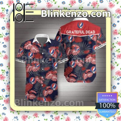 Grateful Dead Logo Red Tropical Leaves Navy Summer Shirts