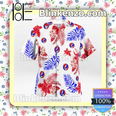 Grateful Dead Red Hibiscus Floral And Blue Palm Leaf Summer Shirts b