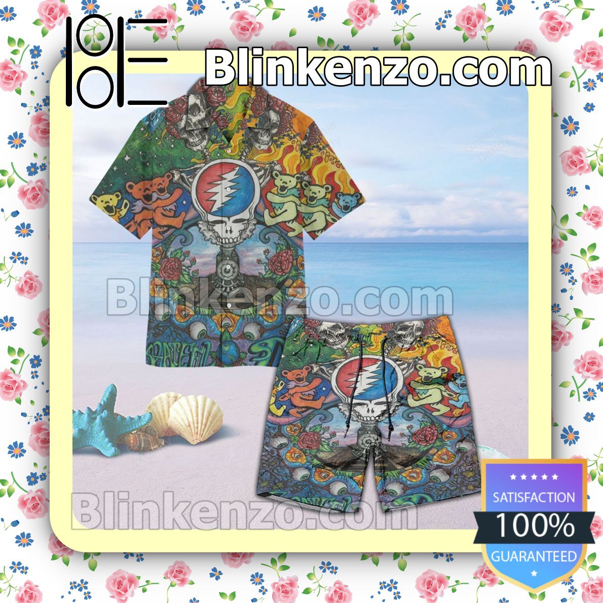 Grateful Dead Symbols Colorful Summer Hawaiian Shirt, Mens Shorts