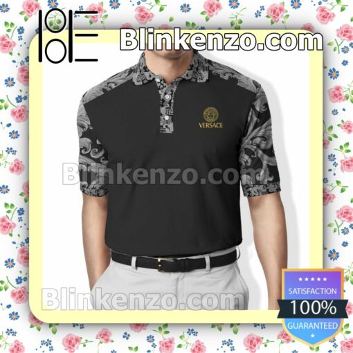 Grey Versace Barocco Floral Black Embroidered Polo Shirts