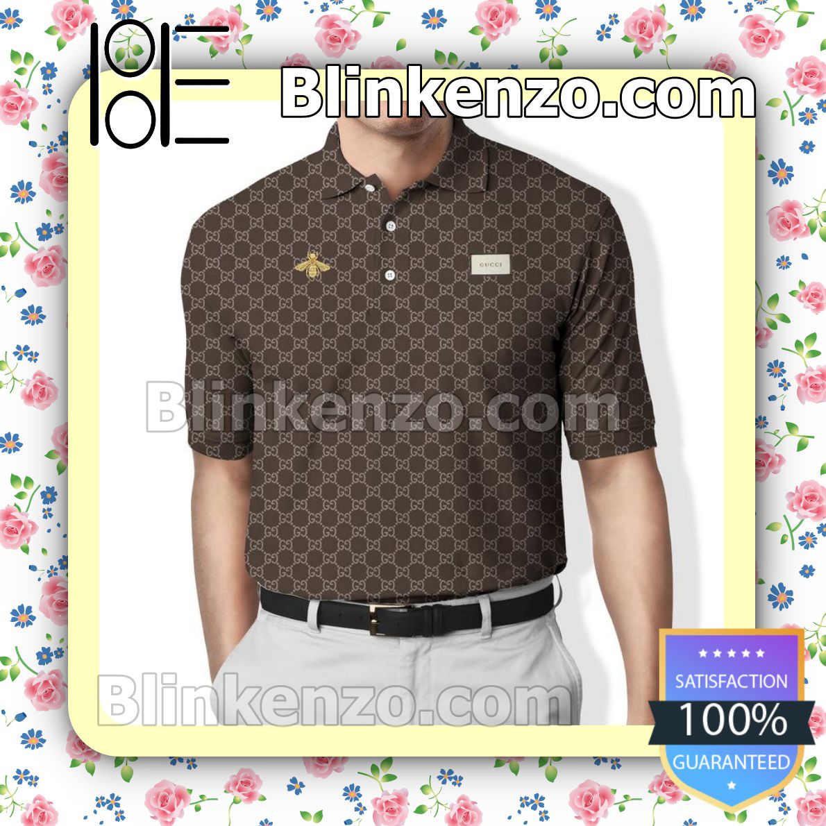 Gucci Bee Brown Monogram Embroidered Polo Shirts