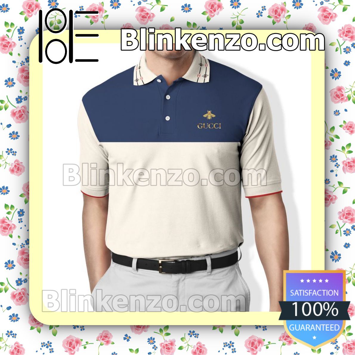 Gucci Bee Navy And Apricot Embroidered Polo Shirts