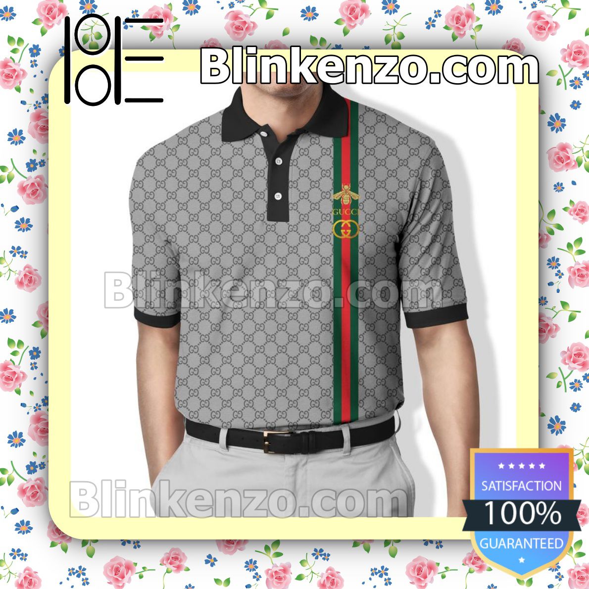 Gucci Bee On Stripe Grey Embroidered Polo Shirts