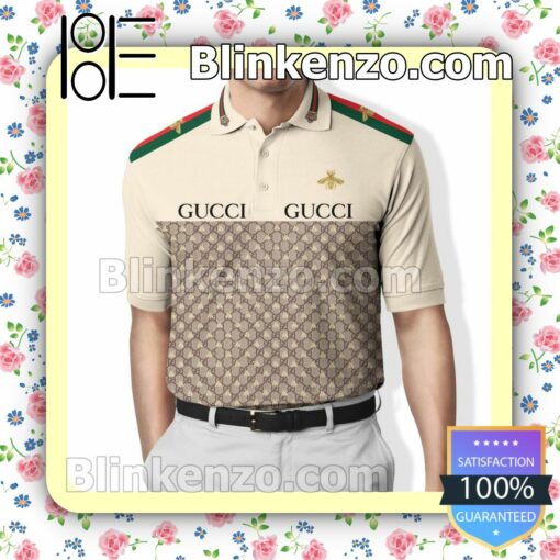 Gucci Bee Stripe On Shoulders Nude Embroidered Polo Shirts