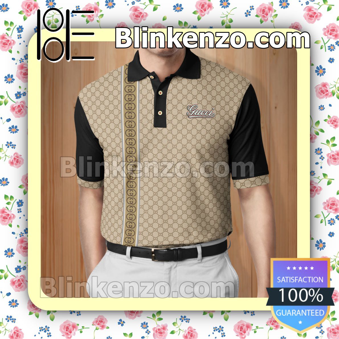 Gucci Beige All Over Print Embroidered Polo Shirts