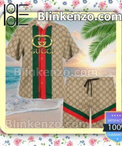 Gucci Beige Monogram With Vertical Color Stripes Luxury Beach Shirts, Swim Trunks