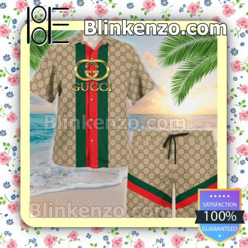 Gucci Beige Monogram With Vertical Color Stripes Luxury Beach Shirts, Swim Trunks