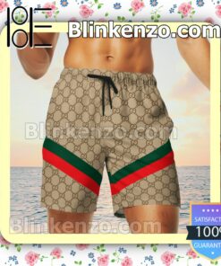 Gucci Beige Monogram With Vertical Color Stripes Luxury Beach Shirts, Swim Trunks c