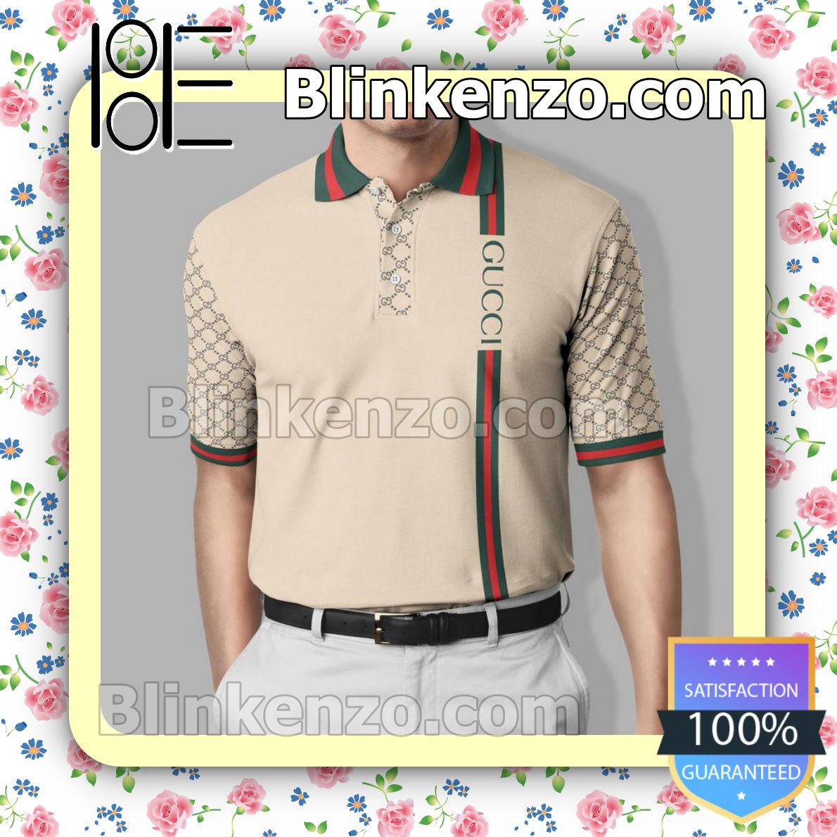 Gucci Beige With Color Stripes Embroidered Polo Shirts