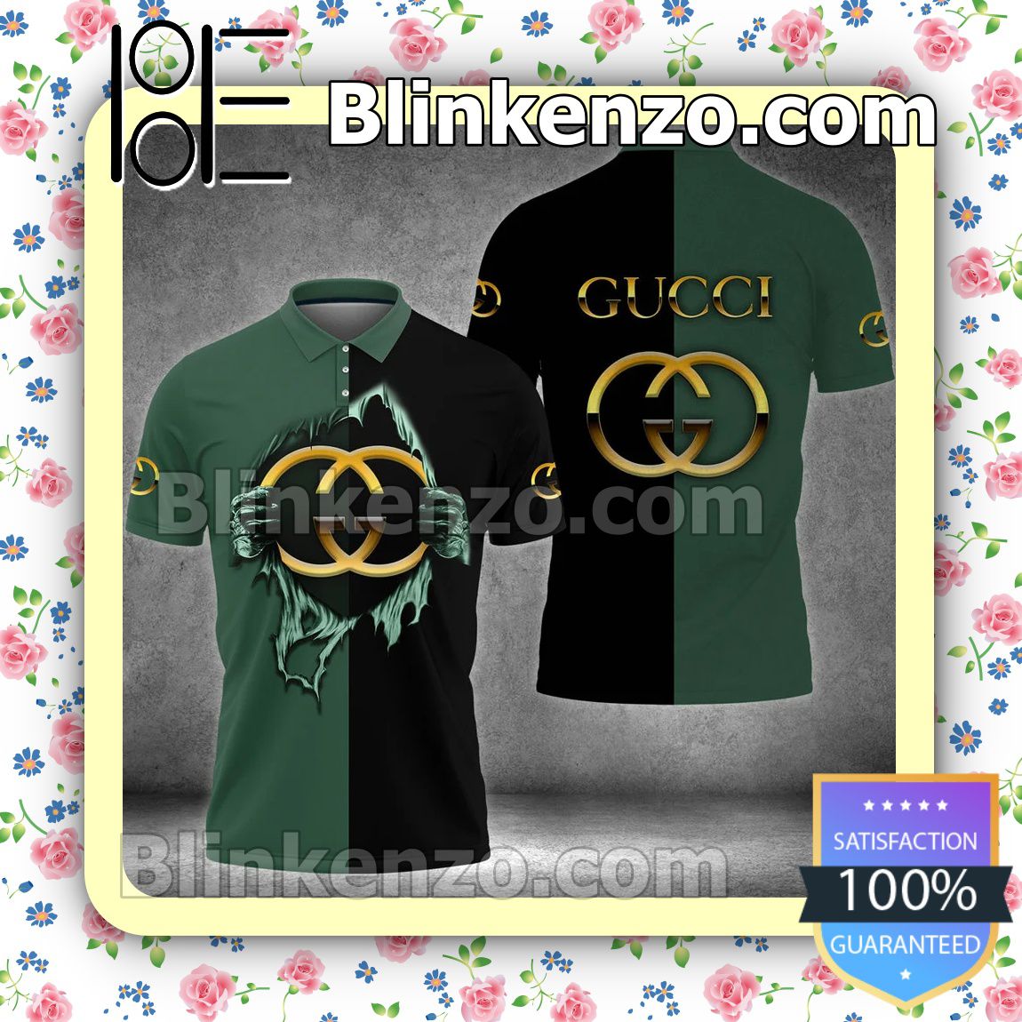 Gucci Black Green Hand Tearing Logo Embroidered Polo Shirts
