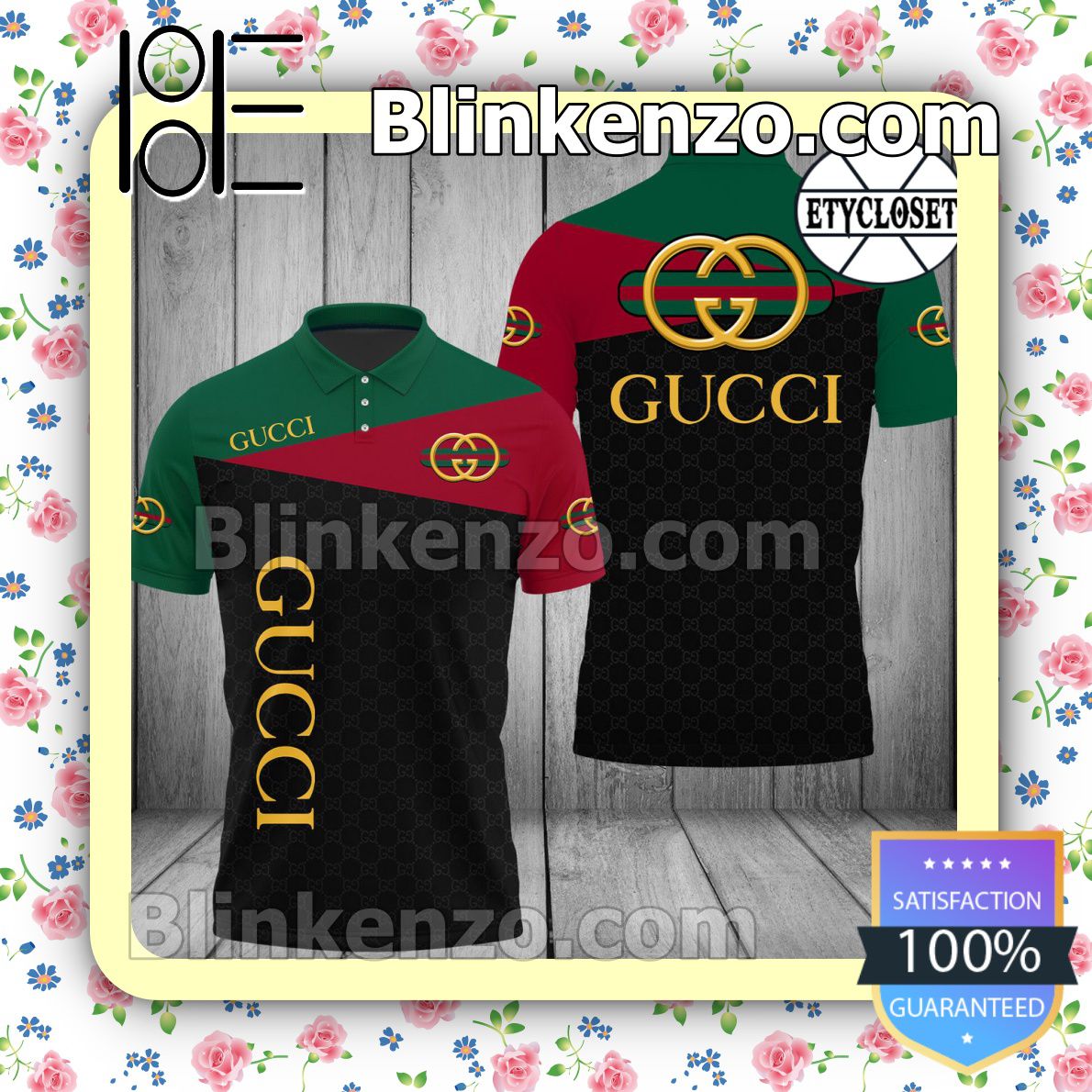 Gucci Black Monogram Mix Three Color Embroidered Polo Shirts