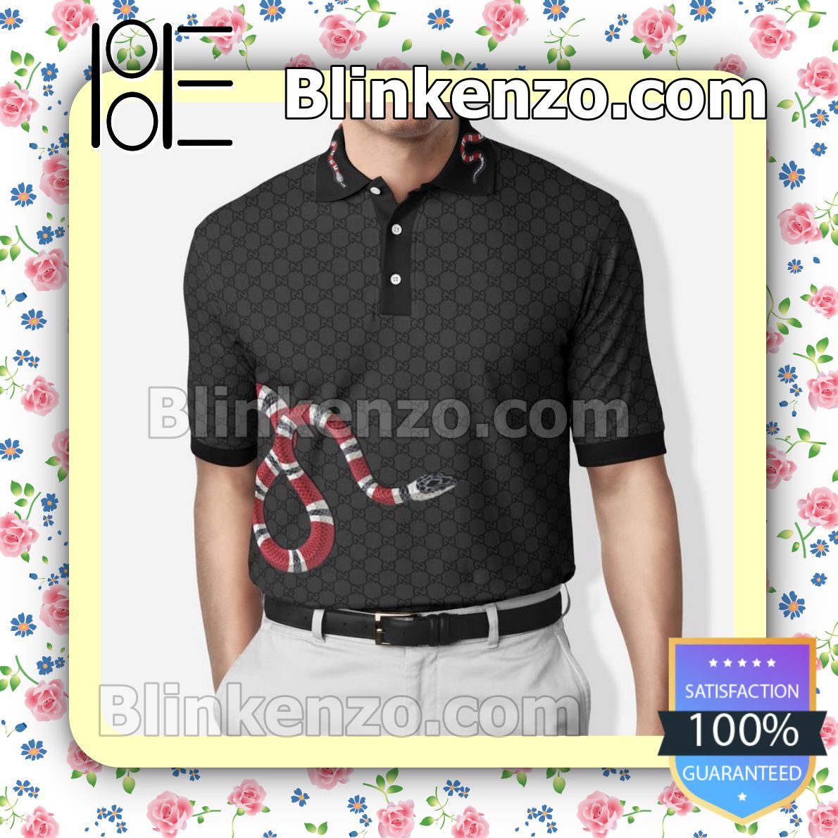 Gucci Black Monogram Snake Embroidered Polo Shirts