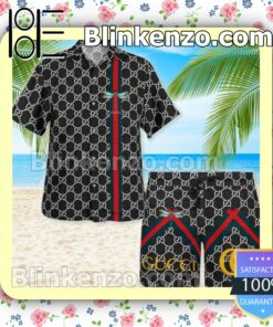 Gucci Black Monogram With Dragonfly On Stripes Luxury Beach Shirts, Swim Trunks