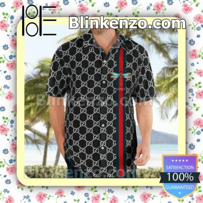 Gucci Black Monogram With Dragonfly On Stripes Luxury Beach Shirts, Swim Trunks a