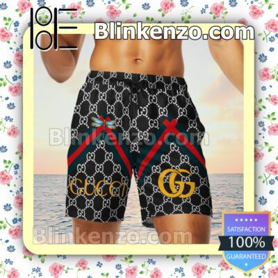 Gucci Black Monogram With Dragonfly On Stripes Luxury Beach Shirts, Swim Trunks c
