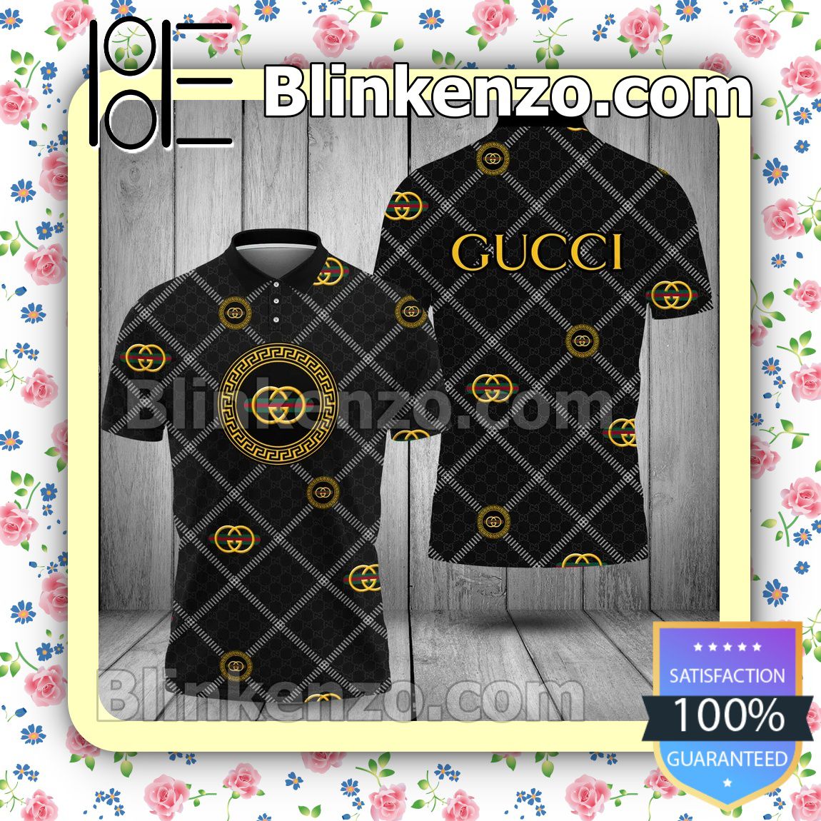 Gucci Black Squares Embroidered Polo Shirts