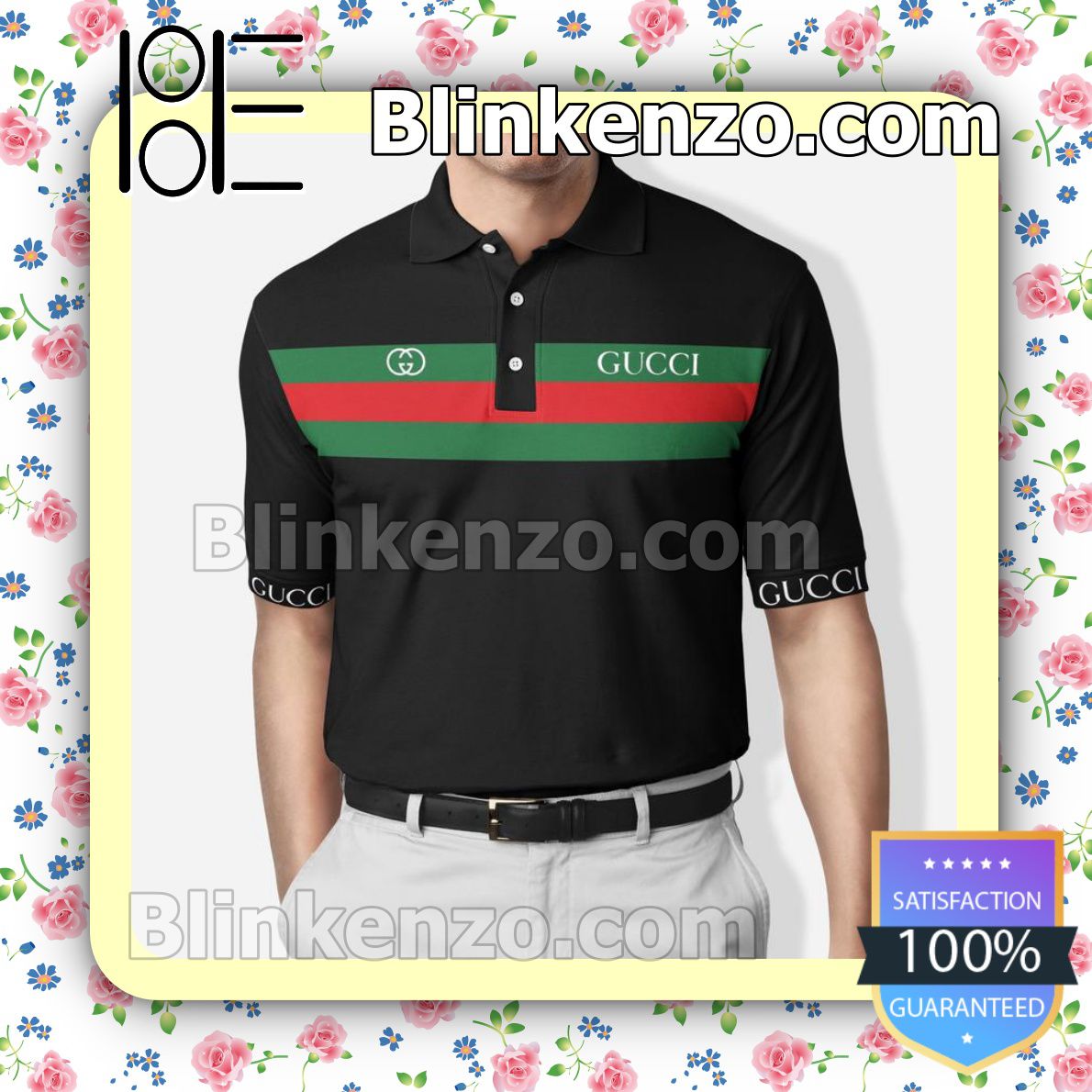 Gucci Black Three Stripes Embroidered Polo Shirts
