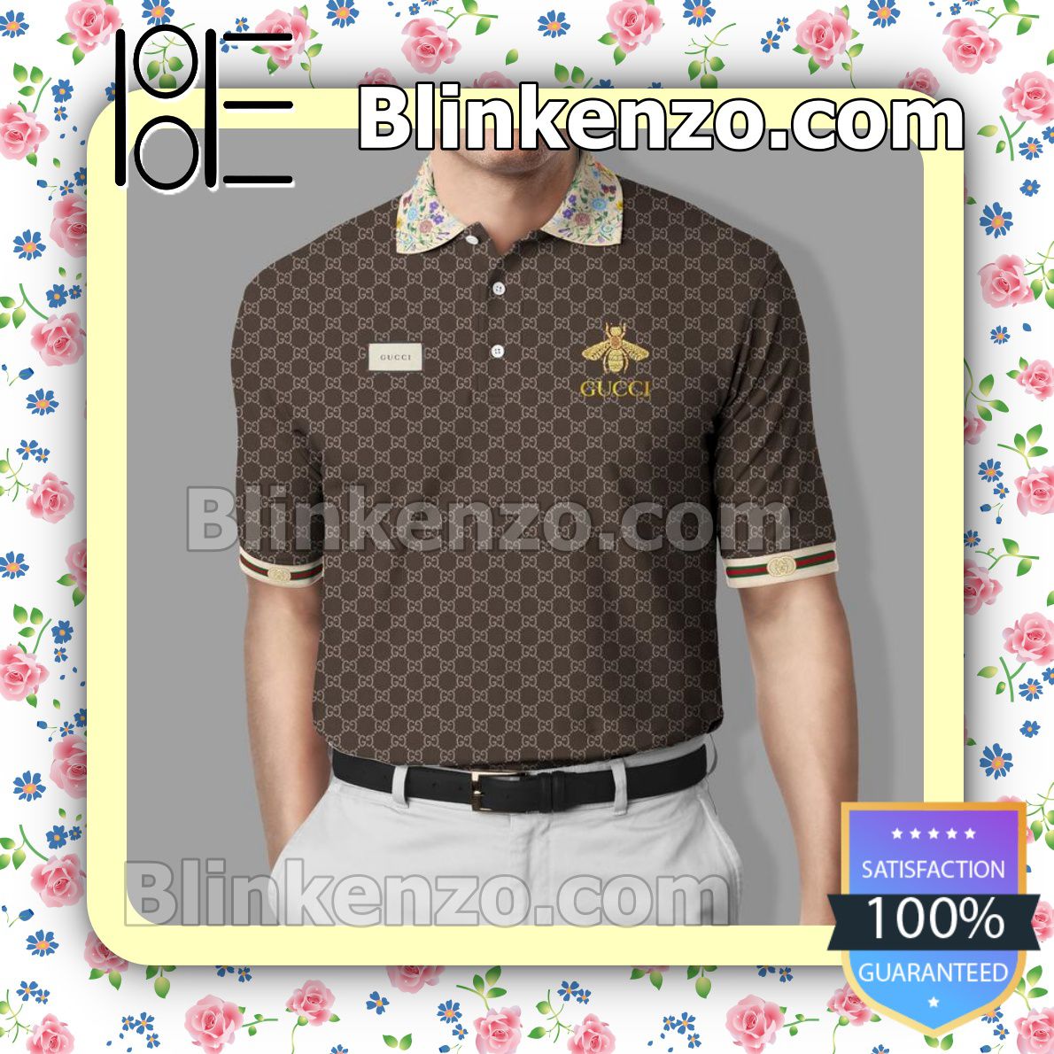 Gucci Brown Bee And Flowers On Collar Embroidered Polo Shirts
