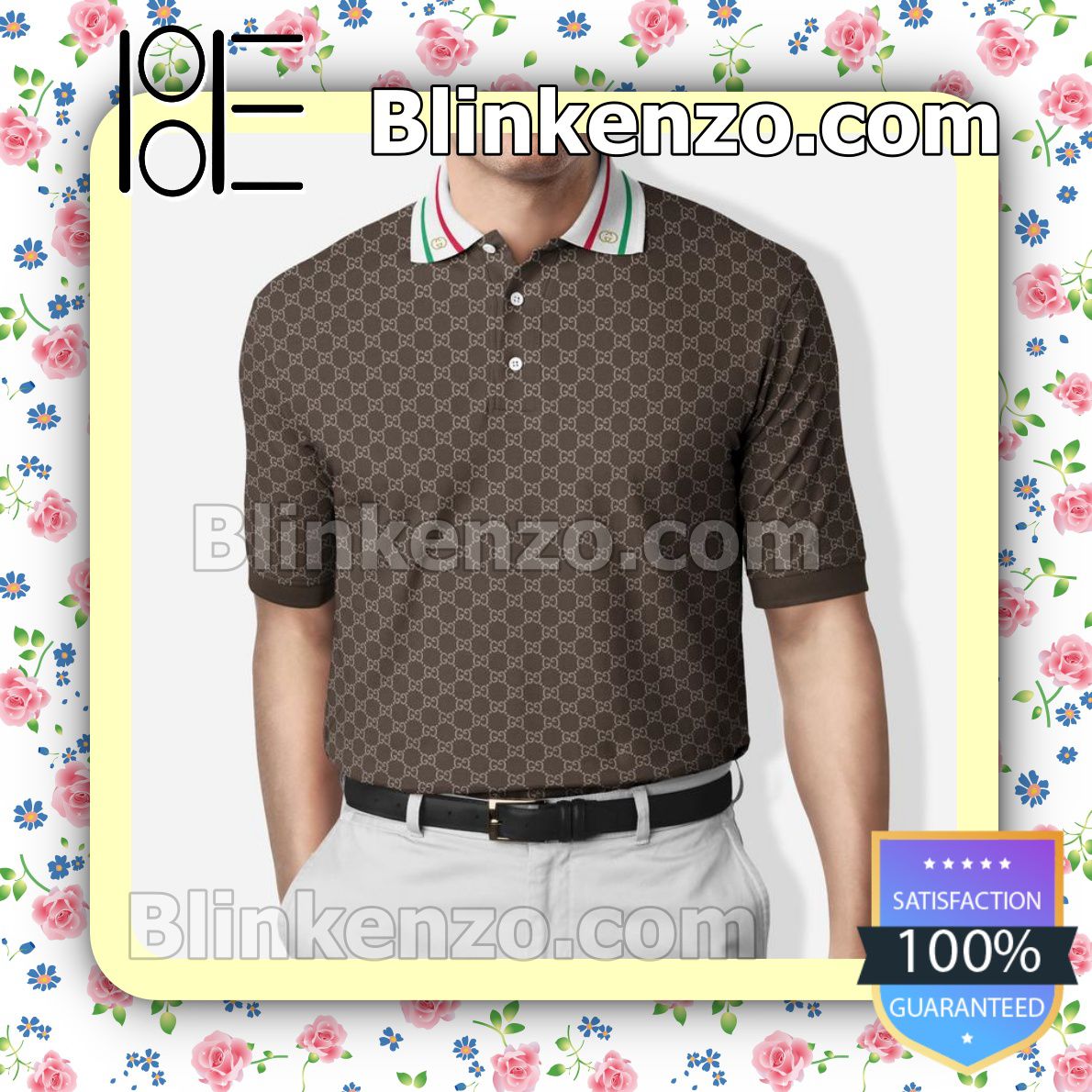 Gucci Brown Monogram Embroidered Polo Shirts