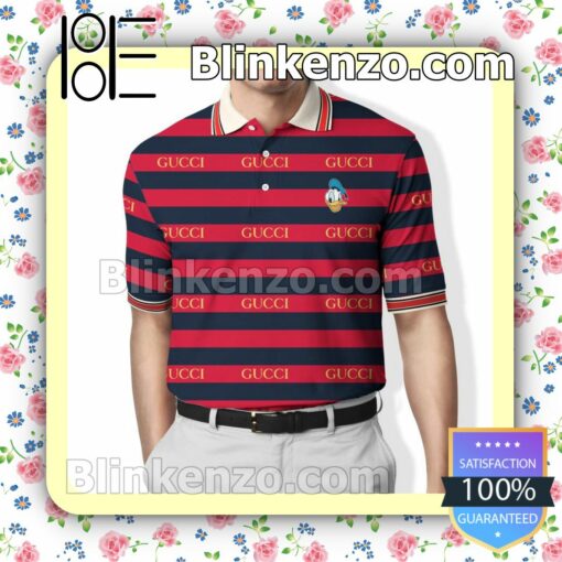 Gucci Donald Duck Horizontal Black And Red Stripes Embroidered Polo Shirts
