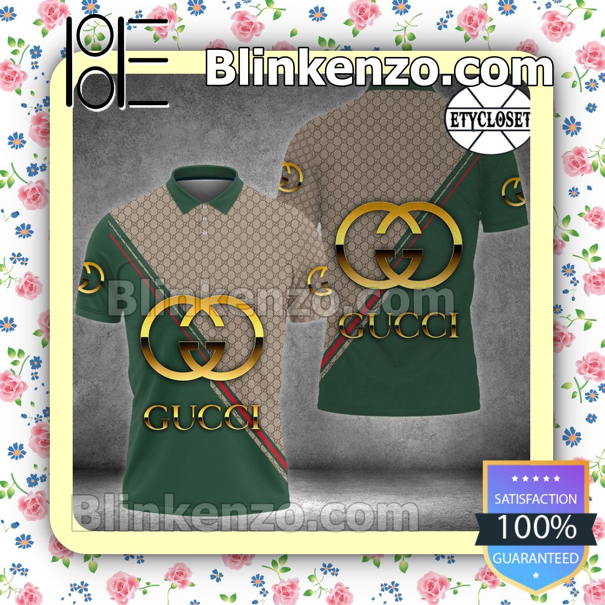 Gucci Gold Logo Brown Monogram Mix Green Embroidered Polo Shirts