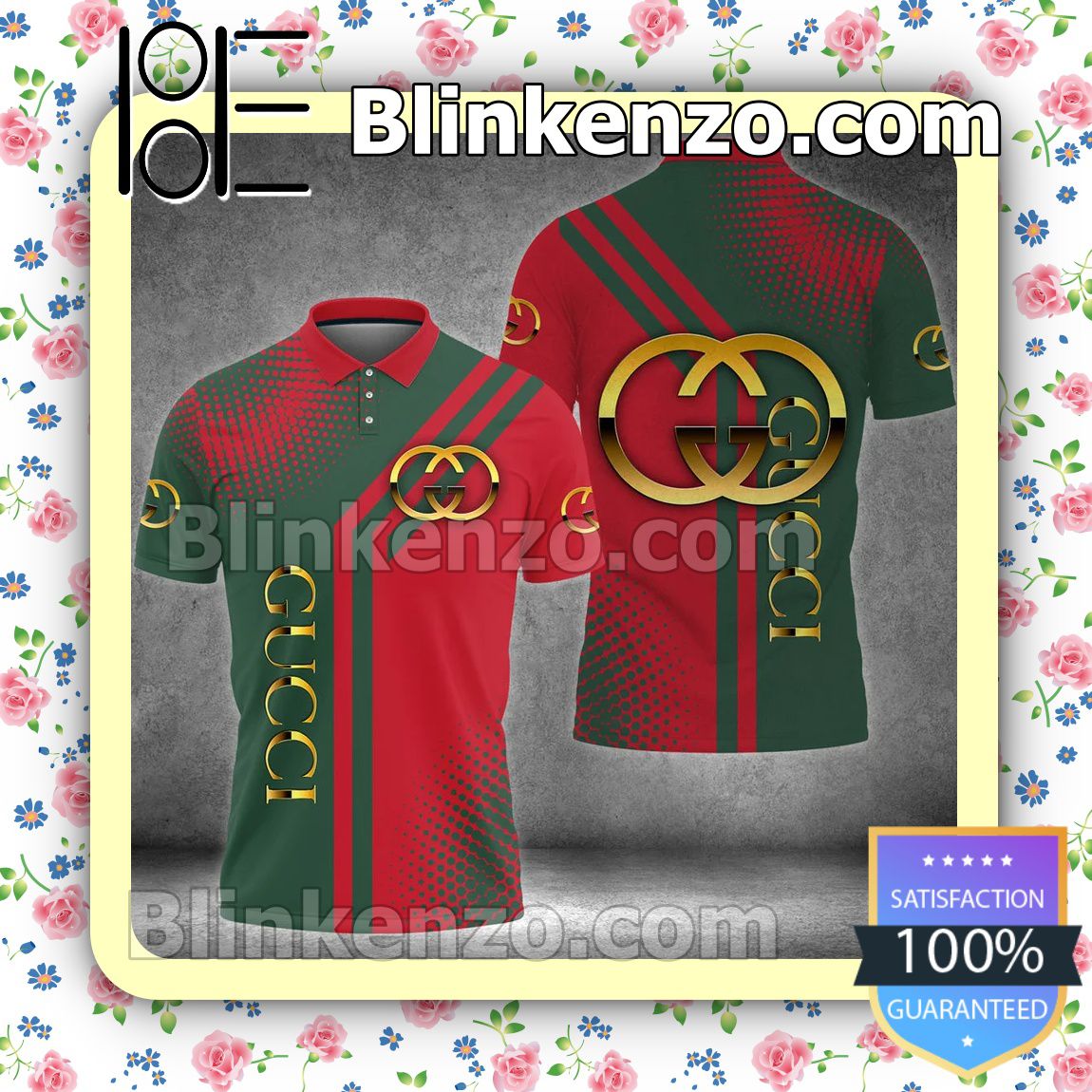Best Gucci Gold Logo Green And Red Embroidered Polo Shirts