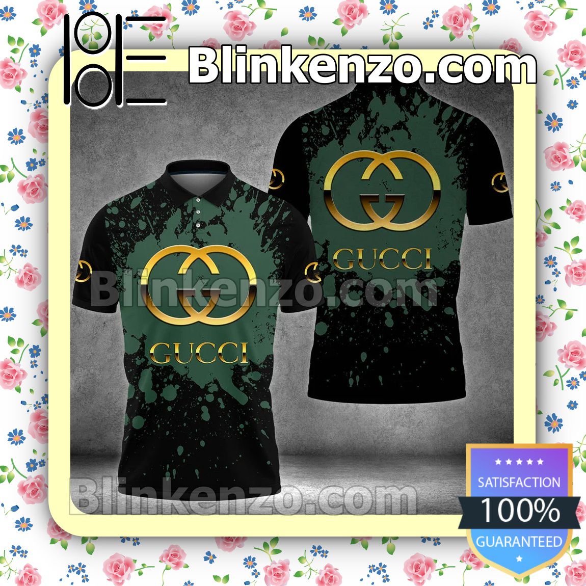 Gucci Gold Logo Green Watercolor Splash Black Embroidered Polo Shirts