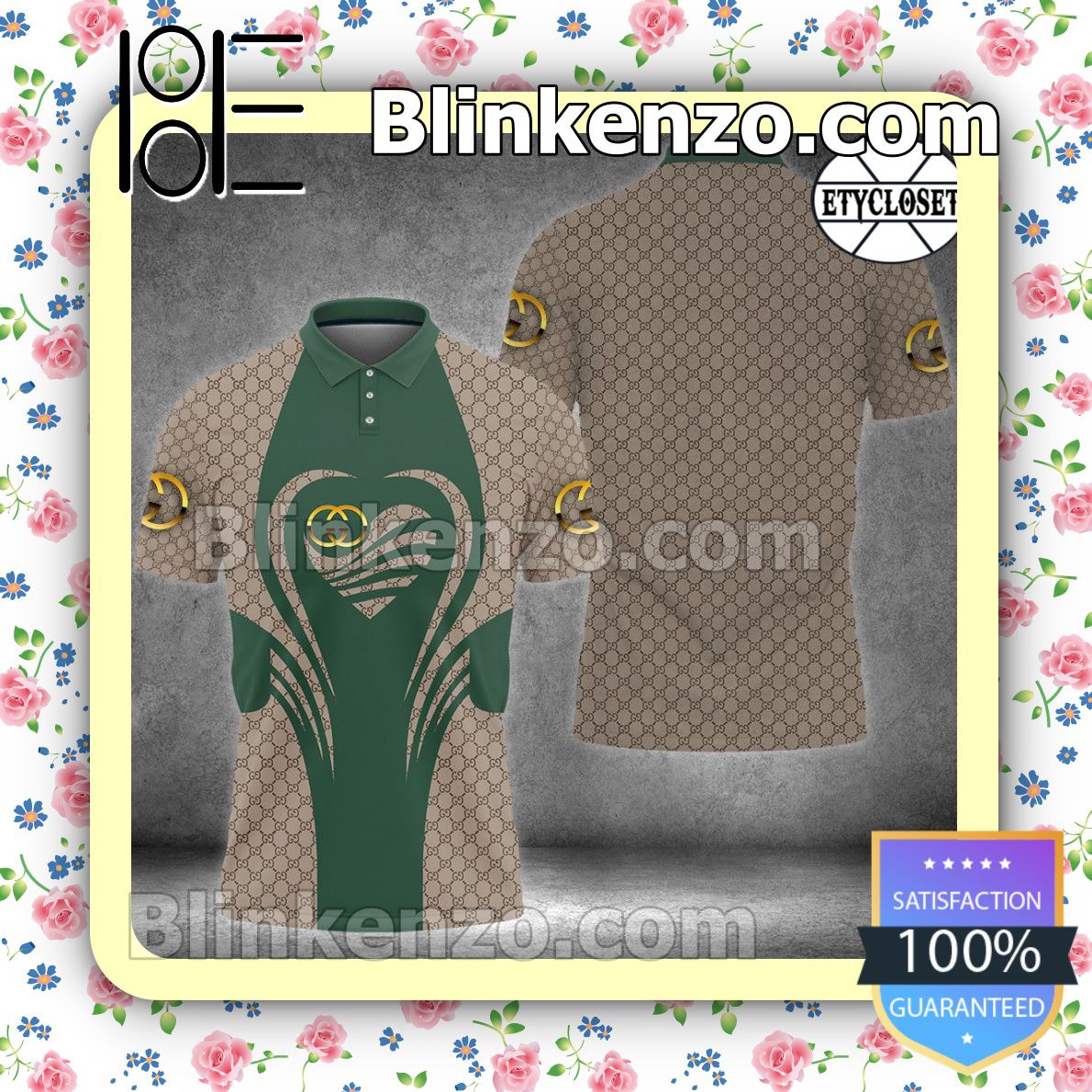 Gucci Heart Brown Monogram Mix Green Embroidered Polo Shirts