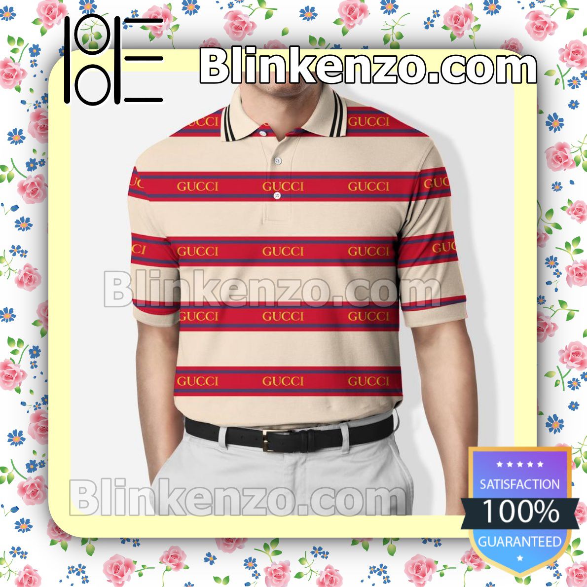 Gucci Horizontal Beige And Red Stripes Embroidered Polo Shirts