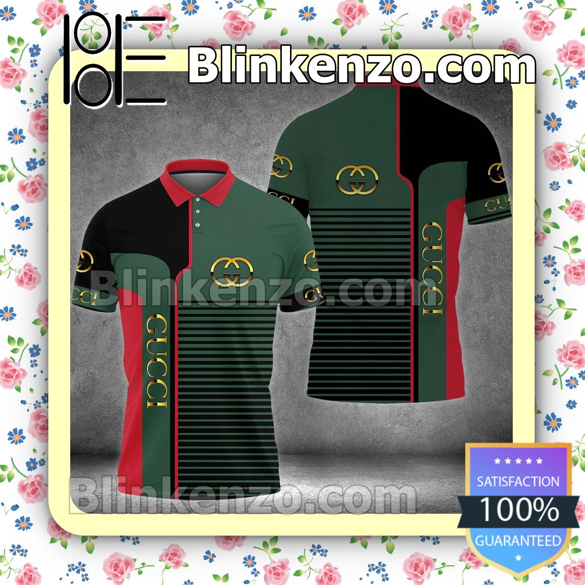 Gucci Horizontal Stripes Black Green Red Embroidered Polo Shirts