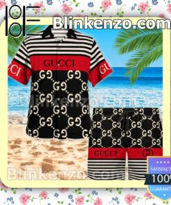 Gucci Horizontal Stripes Black Mix Red Luxury Beach Shirts, Swim Trunks