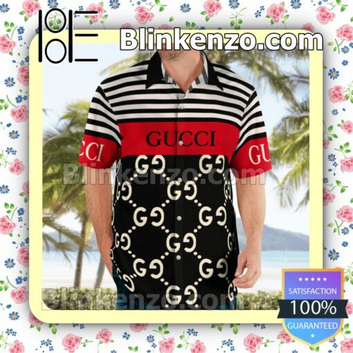 Gucci Horizontal Stripes Black Mix Red Luxury Beach Shirts, Swim Trunks a