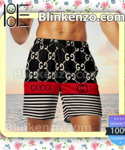 Gucci Horizontal Stripes Black Mix Red Luxury Beach Shirts, Swim Trunks c