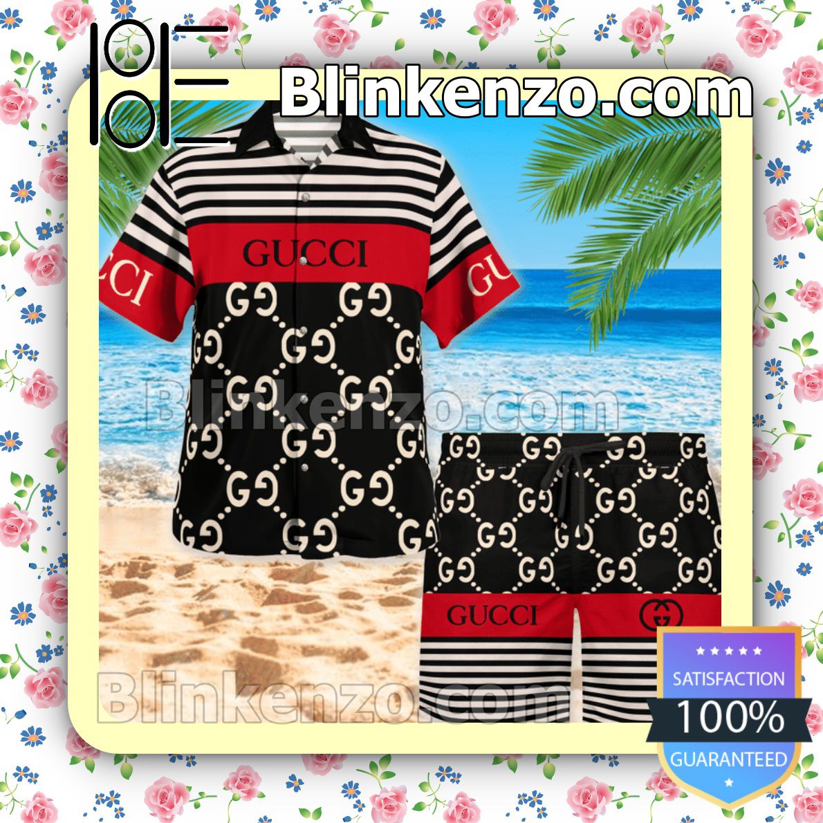 Gucci Horizontal Stripes Black Mix Red Luxury Beach Shirts, Swim Trunks