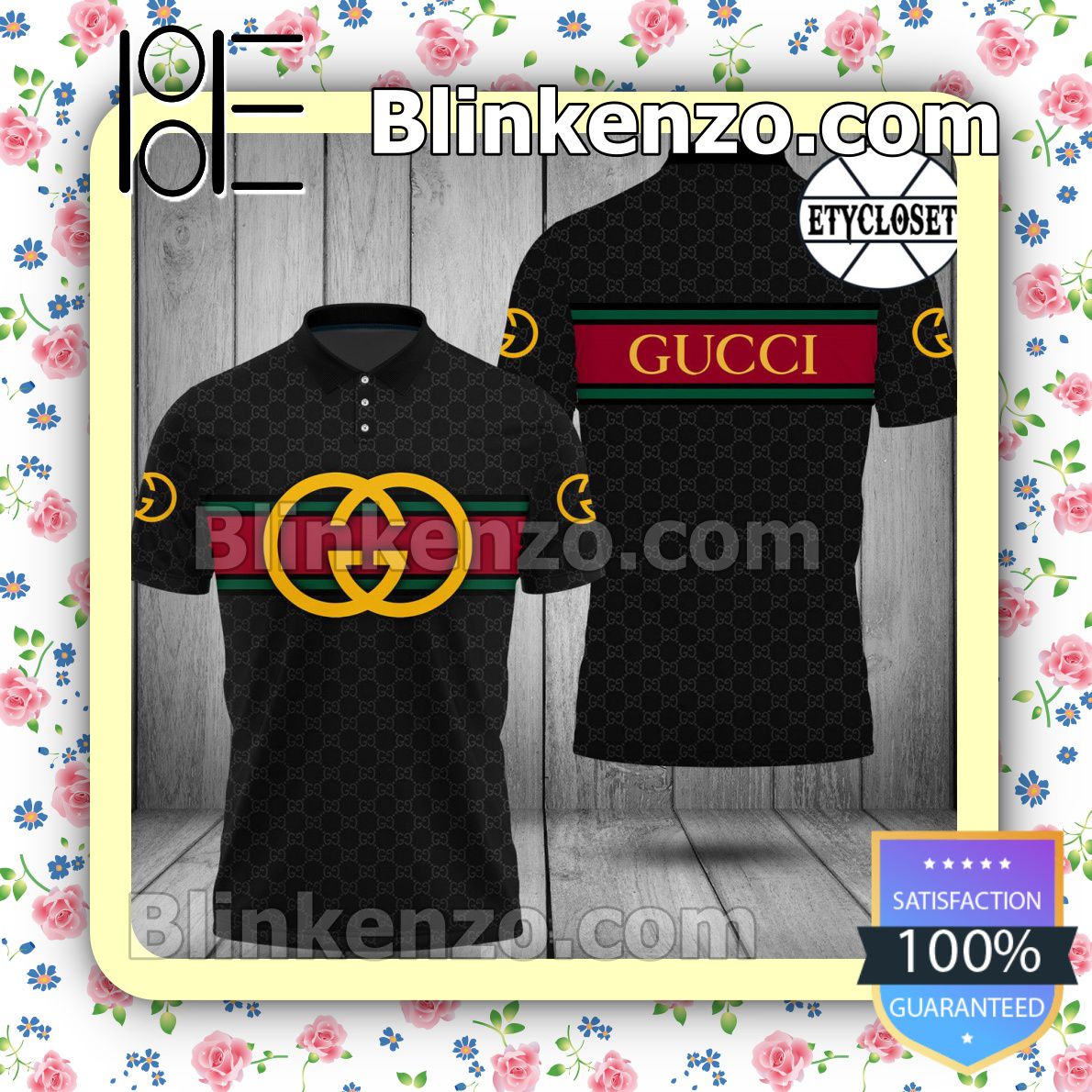 Gucci Luxury Black Monogram Embroidered Polo Shirts
