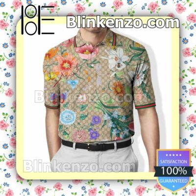 Gucci Luxury Flower With Red Green Stripes Embroidered Polo Shirts