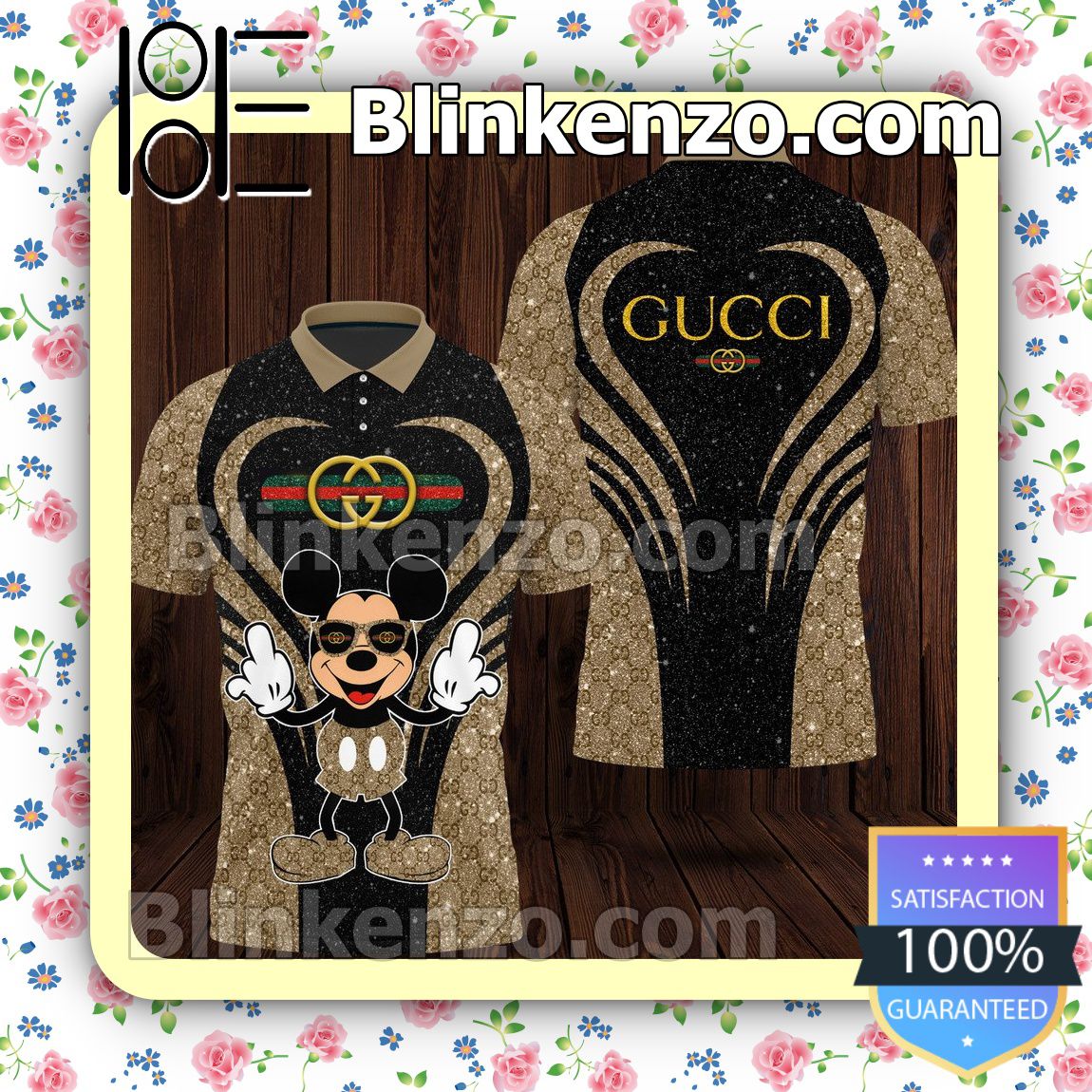 Gucci Mickey Mouse Heart Twinkle Black Brown Embroidered Polo Shirts