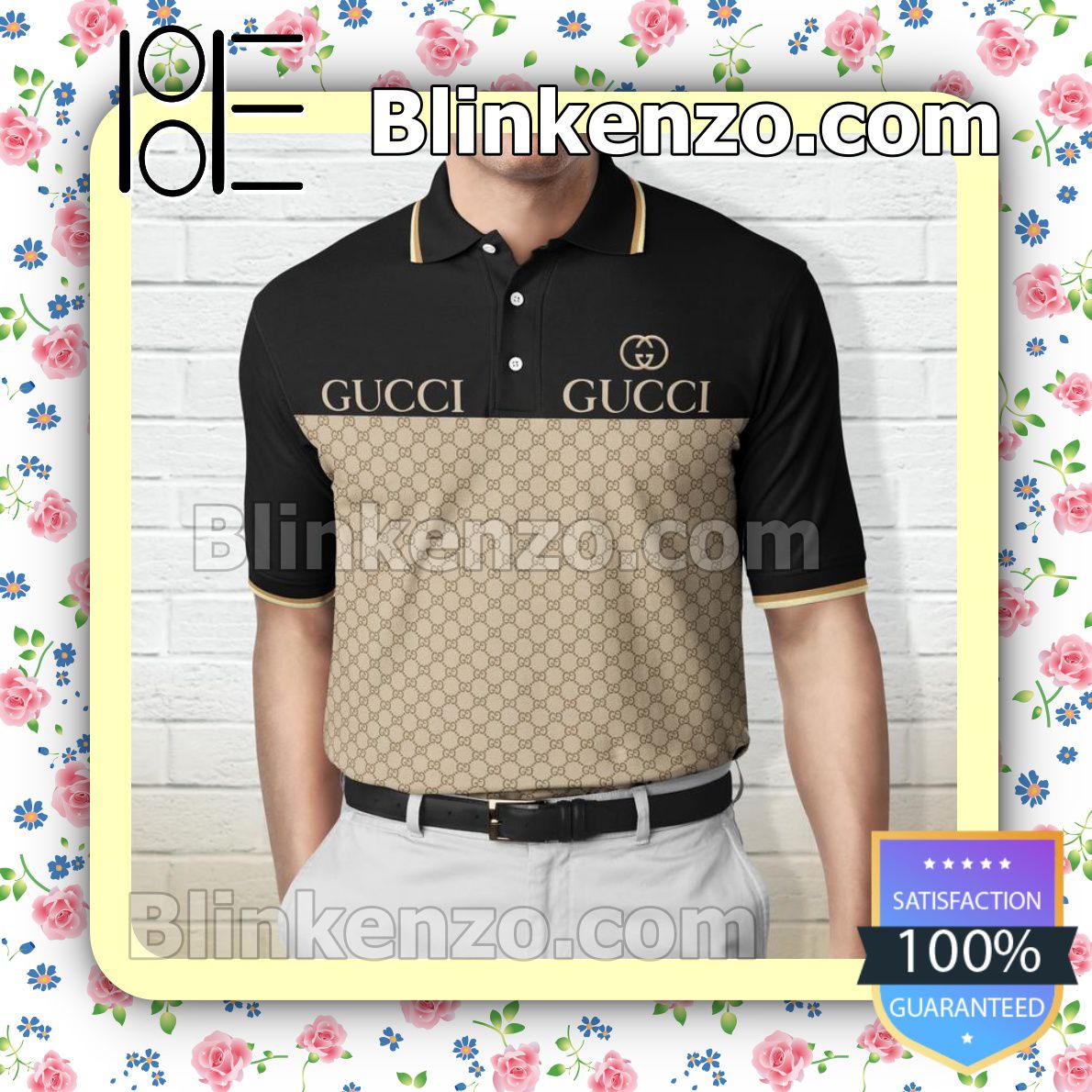 Gucci Mix Black And Beige Embroidered Polo Shirts