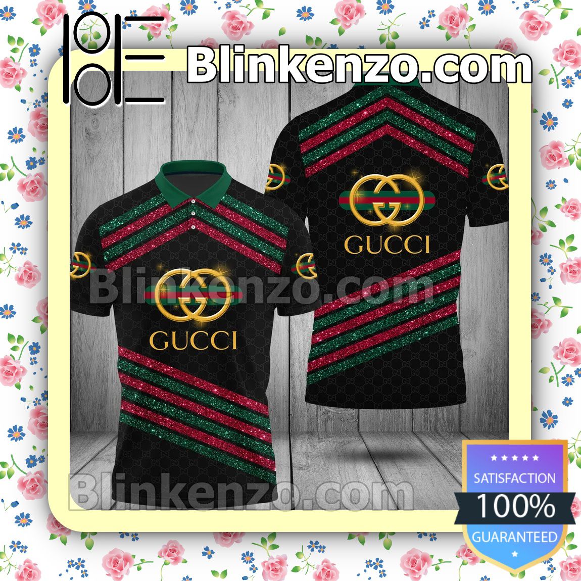 Gucci Monogram And Twinkle Stripes Black Embroidered Polo Shirts