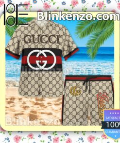 Gucci Monogram With Black And Red Stripes Luxury Beach Shirts, Swim Trunks