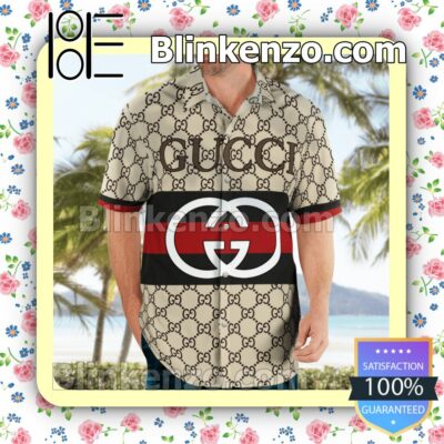 Gucci Monogram With Black And Red Stripes Luxury Beach Shirts, Swim Trunks a