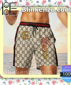 Gucci Monogram With Black And Red Stripes Luxury Beach Shirts, Swim Trunks c