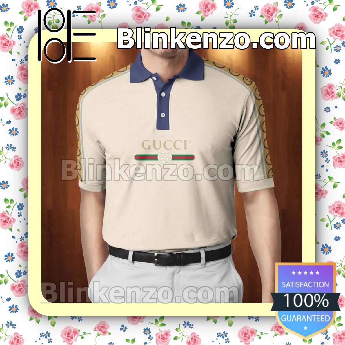 Gucci Monogram With Square Logo Beige Embroidered Polo Shirts